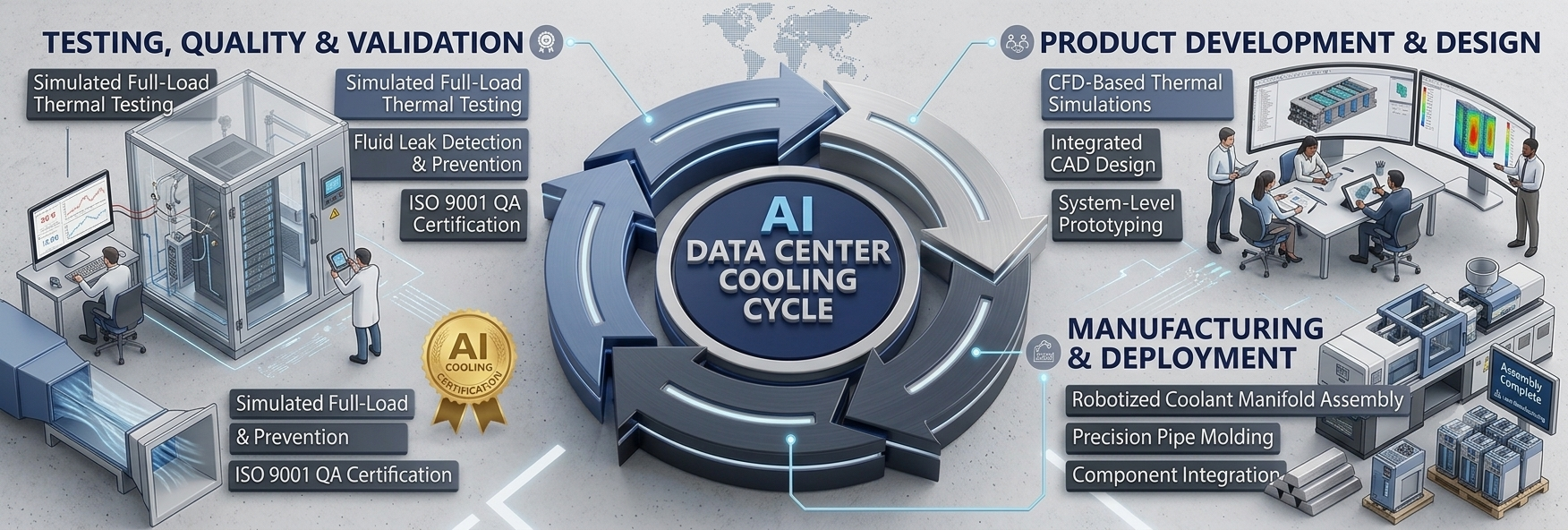 AI Data Center Cooling Lifecycle 3D Diagram